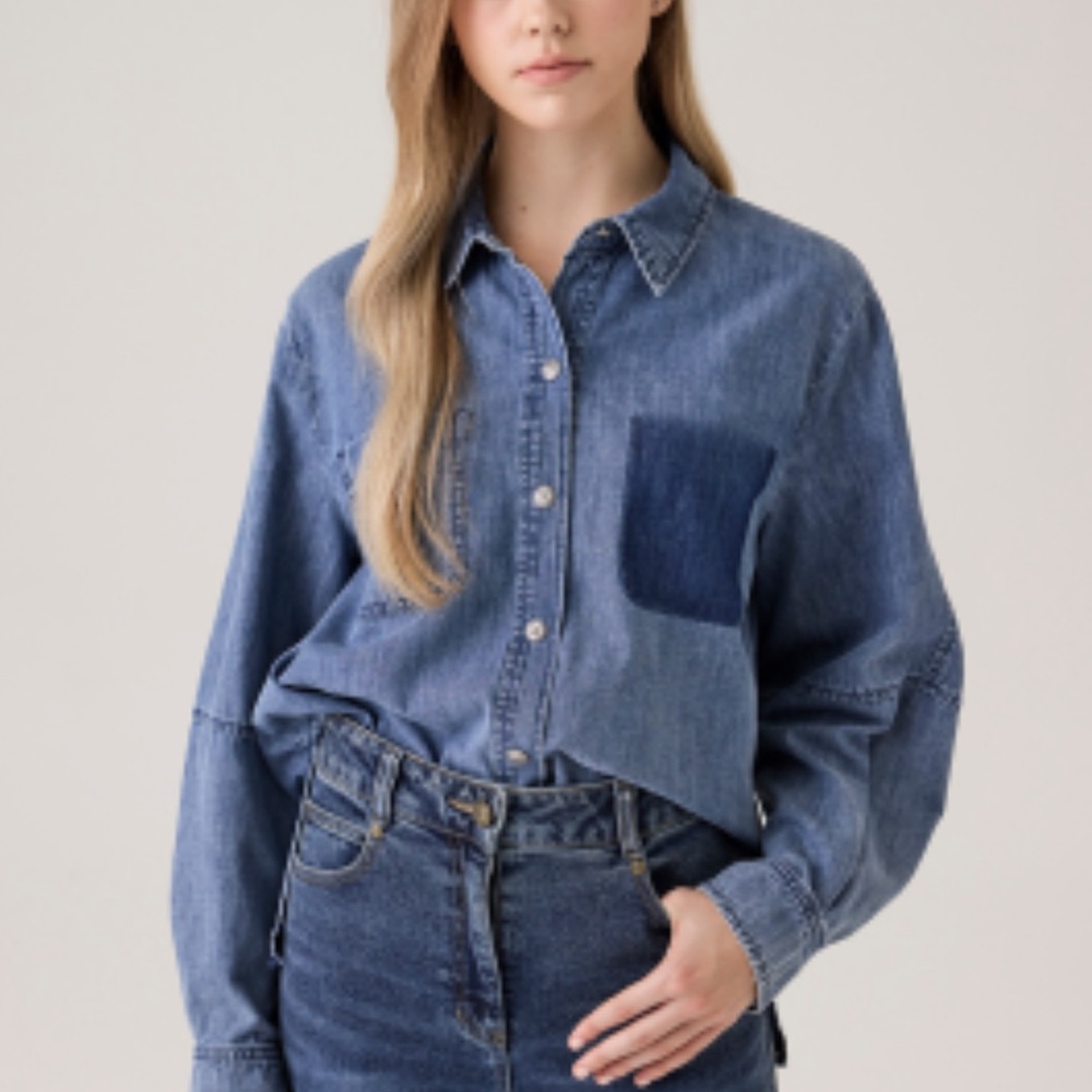 PACSUN Distressed Denim Blue Jean Boyfriend Shirt S Small $75 EUC
